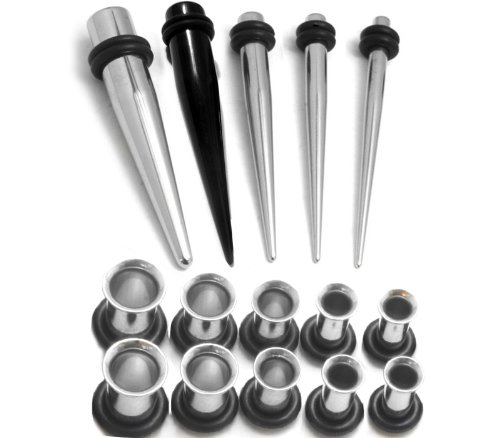 Urban Body Jewelry 15 Piece Steel Taper and Plugs Ear Stretching Kit - Gauge Sizes 2G (6mm), 1G (7mm),0G (8mm), (9mm), 00G (10mm)