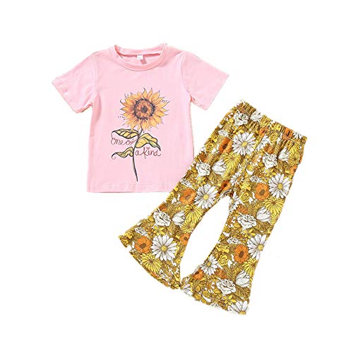 Toddler Girl Outfits Letter Short Sleeve T-Shirt Top Floral Bell Bottom Pants Girls Summer Clothes (Pink, 5-6 Years)
