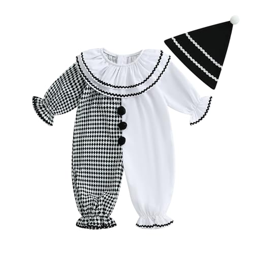 Thorn Tree Toddler Halloween Outfits Baby Boy Girl Clown Costume Contrast Color Long Sleeve Jumpsuit Hat Smocked Outfits (White, 2-3T)