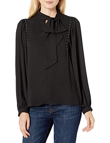 Vince Camuto Women's Long Sleeve Puff Shoulder Embellished Tie Front Blouse, Rich Black, Large