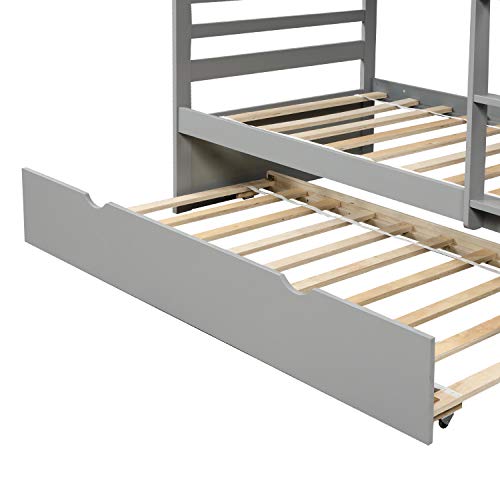 Solid Wood Bunk Beds with Trundle, Twin Over Twin Bed Frame with Ladder and Guardrail (Gray) - Thumbnail 5