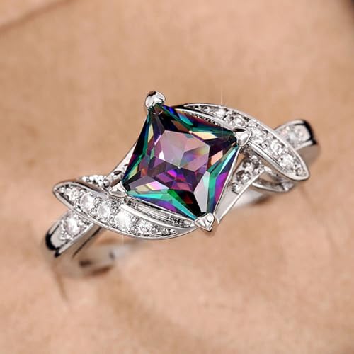 White Gold Plated Multicolor Square Cubic Zirconia Inlaid Creative Stylish Engagement Rings Wedding Bridal Band Promise Rings Evening Parties Anniversary Valentine's Day Gifts Eternity Bands for Women2