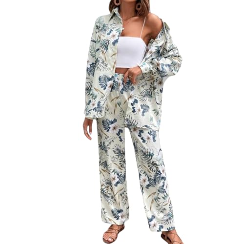 Image of Gufrina Women's Polyester Co-Ord Set with Button-Up Top & Wide Leg Pant 3 /4th Sleeves Collar Neck Printed Pattern Regular Fit and Standard Length