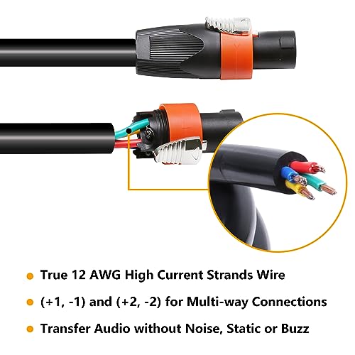 25 feet pack of 2 true 4 conductor speakon cable - 4 pole speak-on to speakon cables - 12 awg heavy duty pa dj stage amplifier to cabinet wiring with twist lock 25 ft 2-packs