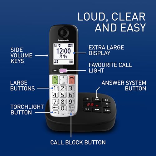 Panasonic KX-TGU432EB Digital Cordless Landline Phone with Answering Machine, Base Unit & 2 Handsets, LCD Display, Fav Call, Torchlight, Hearing Aid Compatible, Black & Silver - Image 4