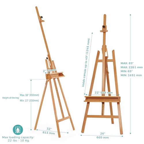 VISWIN Inclinable A-Frame Easel of Maximum Height 89\", Holds Canvases Up to 49\", Large Studio Art Easel with Storage Tray, Solid Beech Wood Painting Easel for Adults, Beginners, Students - Natural