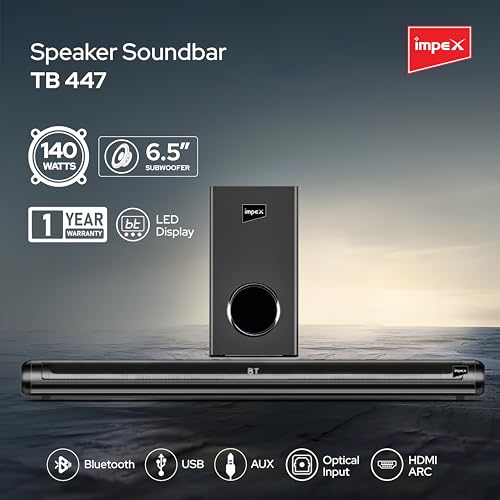 Image of Impex Soundbar with Subwoofer | 140 Watts Bluetooth Speaker with 6.5 inch Subwoofer | Home Theatre | LED Display, Bluetooth v5.3, USB, AUX, Optical in, HDMI ARC, Connctivity | 1 Year Warranty