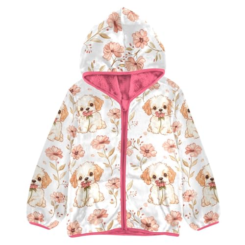 Cute Puppy Dog Flower Girls Fleece Jacket Girls Fall Jacket Girl Coats Zip Up Hoodie Children Sherpa Warm Outerwear 2-10T