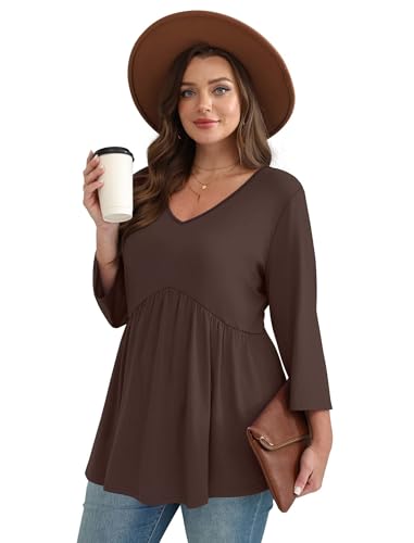 Image of OFEEFAN 3 /4 Length Sleeve Womens Tops 2026 Blouses for Women Dressy Casual Fashion Clothing V Neck Babydoll Tops Fall Outfits