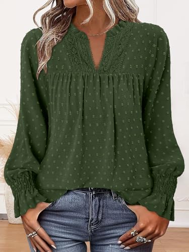 BETTE BOUTIK Women Boho Long Sleeve Shirts Dressy Casual V Neck Fall Fashion Tops Swiss Dot Flowy Blouses