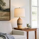 24.5' Handcrafted Ceramic Table Lamp with 5FT Cord, Single Farmhouse Vintage Rustic Bedside Lamp for Living Room Bedroom, Linen Shade Nightstand End Table Decor (Bulb Not Included)Earthy Yellow