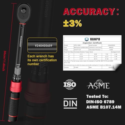 Image of VANPO Torque Wrench 3 /8-inch Drive 5-45 Ft-Lb for Spark Plugs,±3% Accuracy | Click Style, 6.8-61Nm, Dual-Direction, 72 Tooth, Aluminum Adjustable Torque Wrench for Bike, Motorcycle & Engine Repair