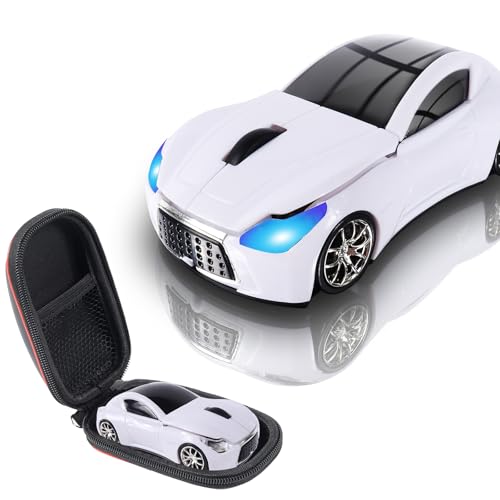 Image of elec Space Wireless Mini Mouse with Case - Cute Sports Car Shape, Lightweight & Portable, 10m Range, Plug and Play (White)
