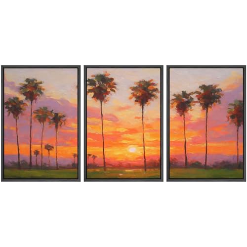 SIGNWIN Framed Wall Art Print Set Tropical Palm Tree Sunset Vibrant Orange Pink Landscape Photography Modern Art Relax/Calm for Living Room, Bedroom, Office - 16"x24"x3 Black