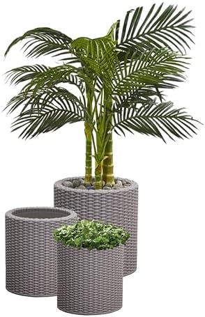 Keter Cylinder Set of 3 Rattan Resin Planter for Indoor and Outdo...