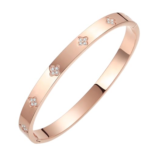 BOLAGTIER 14K Gold Plated Four Leaf Clover Bangle Bracelet (Rose Gold-M) - image 1