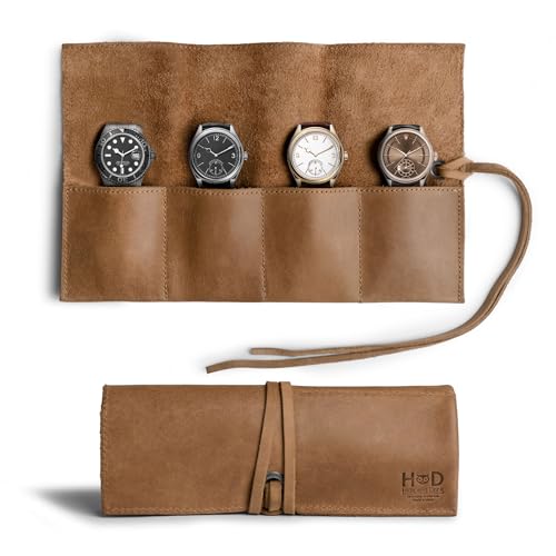 Image of Hide & Drink, Leather Watch Roll Organizer Handmade from Full Grain Leather, Holds Up to 4 Watches, Easy Carry On Watchlover Storage (Single Malt Mahogany)