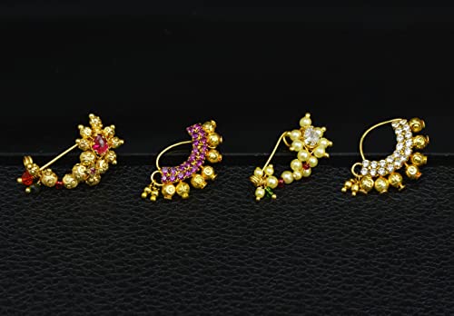 Image of Medium Size Traditional Maharashtrian Banu Nath Nose Stud without piercing Pearl Gold Plated Nath Combo Clip On Nose Ring For Women