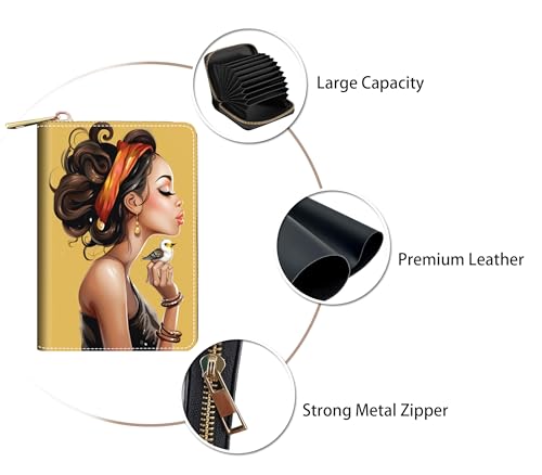 Credit Card Holder Wallets for Women, RFID Blocking Small Leather Card Case Wallet with Zipper Accordion Wallets, African American Girl3