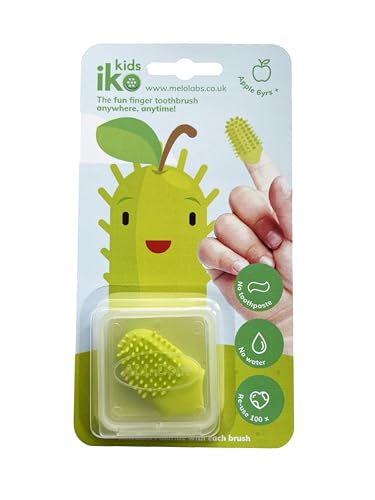 iKo Kids Finger Toothbrush + Clear Case, Soft Touch, No Toothpaste or Water Needed, 100% Recyclable Eco Child/Kids Home Dental Care, Mini Travel Oral Health Holiday Essential 4 Flavours - Apple
