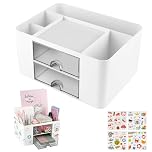 OFFCUP Desk Organiser with Drawer, Plastic Table Organiser, Office Desk Supplies Organizer Desktop Stationary Storage Pen Holder with 7 Grids for School Office Home (White)