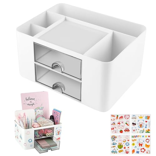 Image of OFFCUP Desk Organiser with Drawer, Plastic Table Organiser, Office Desk Supplies Organizer Desktop Stationary Storage Pen Holder with 7 Grids for School Office Home (White)
