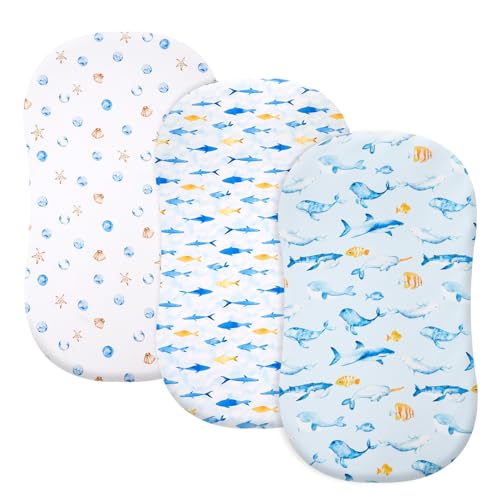 Image of david's kids 3 Pack Bassinet Sheets, Ultra Soft Breathable Comfortable Baby Sheet Set for Boys Girls Neutral, Univeral Fit for Most Cradle and Bassinet Mattress, Whale