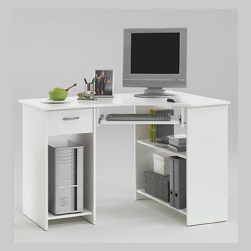 SHARPE White Colour Wood Corner Computer/PC Work Station Table Desk with Drawer and Keyboard Shelf by DMF (FLX)