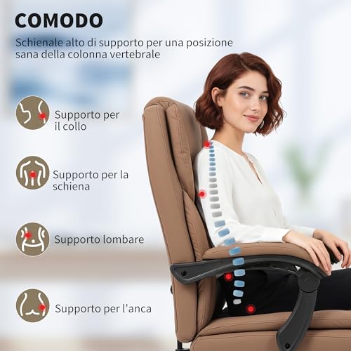 Sedia Ufficio Ergonomica Reclinabile 140° con Poggiapiedi e Cuscino, Sedia Scrivania in Finta Pelle Antigraffio, Facile da Pulire, Braccioli Imbottiti, Girevole e Altezza Regolabile, Marrone - Sedia gaming - Immagine 3