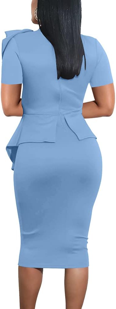 LAGSHIAN Women Fashion Peplum Bodycon Short Sleeve Bow Club Ruffle Pencil Party Dress