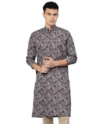 Image of Majestic Man Men's Regular Fit Ethnic Motifs Printed Pure Cotton Long Kurta with Mandarin Collar & Full Sleeves