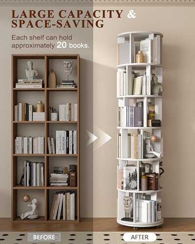 Image of IUNVR 6 Tier Rotating Bookshelf Tower Spinning Bookshelf with Swivel Wheels Book Shelf Rotating Storage Tower for Kids Adult, Narrow Solid Wood Revolving Bookcase Organizer for Bedroom Living Room
