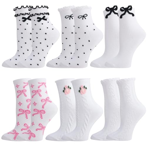 Image of Jspupifip 6 Pairs Lace Ruffle Frilly Crew Socks for Women Girls | Cotton Breathable Cute Princess Ankle Dress Lace Socks Thin Cool Casual Socks
