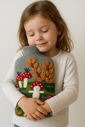 Wärmflaschen-Hülle, Bezug aus 100% Wollfilz mit Wald-Motiv – Handgefertigt aus Nepal, Fair Trade, für 2-Liter-Wärmflaschen, Kinderfreundlicher...
