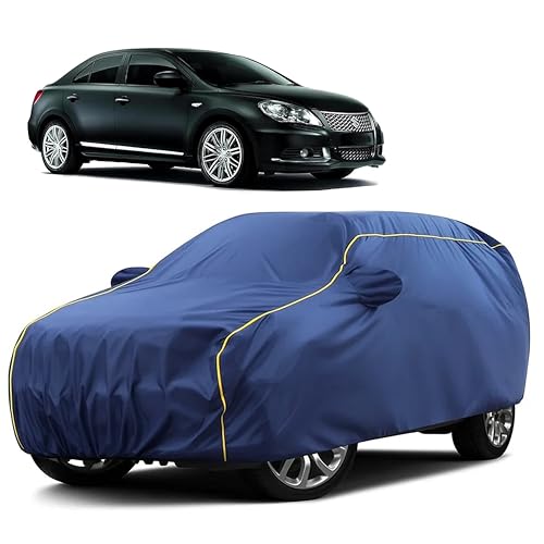 Image of Sulfar 100% Water Resistant Car Body Cover Compatible with Mirror for Maruti Suzuki Kizashi (Triple Stitched, Full Bottom Elastic, Blue Taffeta with Yellow Piping)