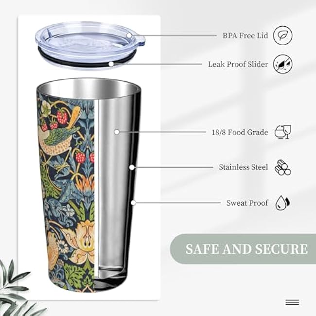 William Morris Strawberry Thief Floral 20oz Tumbler Double Wall Stainless Steel Vacuum Insulated Travel Mug with Splash-Proof Lid Metal Straw and Brush