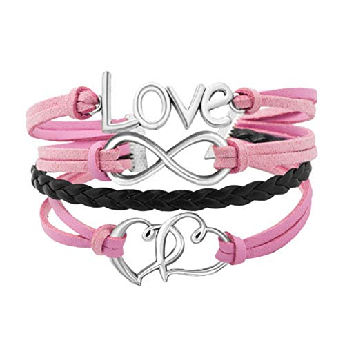 CLY Jewelry Leather Rope Braided Bracelet Double Love Heart with Infinity Forever Love Symbol Pink Handmade Wrap Bracelet Friendship Matching Bracelet Gift for Women Men Mother's Day Family Friend
