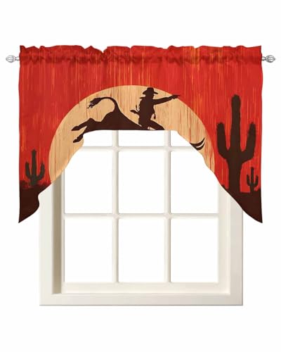Jnbasdffb Western Cow Boy Kitchen Swag Valance for Window, Rod Pocket Short Kitchen Curtains 36 Inch Length, Vintage Country Desert Cactus Swag Topper Small Window Treatment for Cafe Bathroom Bedroom