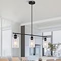 Yarlkav Kitchen Island Lighting, 3 Lights Linear Chandeliers Rectangle Pendant Light Fixtures for Dining Room Farmhouse Hanging Light with Glass Shades(Black)