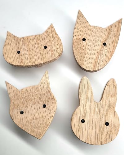 PLT Heimische Tiere Wandhaken aus unbehandeltem Eichenholz (Hund Katze Hase...