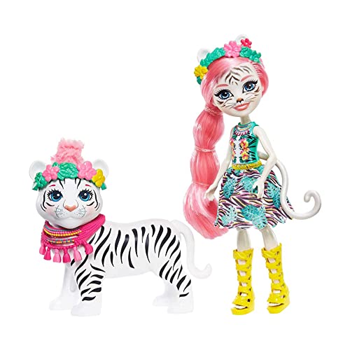Enchantimals Mini-poupée Tadley Tigre et Figurine Animale Kitty aux Long Cheveux Roses avec Jupe à Motifs en Tissu, Jouet pour Enfant, GFN57