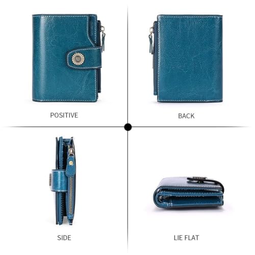 Women RFID Blocking Purse Small Bifold Wallets Genuine Leather Zipper Card Holder Organizer Flap Bag with ID Window2