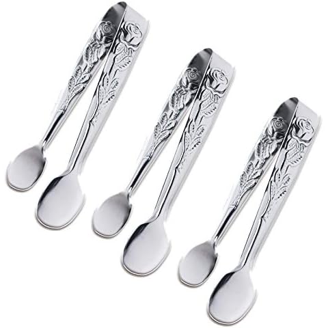 3PCS Mini Serving Tongs, 4Inch Rose Stainless Steel Sugar Cube Tongs, Sliver Small Ice Tongs for Tea and Coffee Party, Appetizers, Desserts by Sunenlyst (Silver) Cover