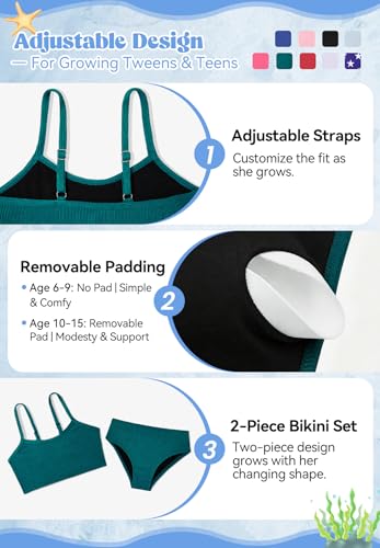 Image of Zando 2 Piece Ribbed Swimsuits for Teen Girls Kids Size 6-15 Years High Waisted Solid Cute Bikini for Summer Beach Wear