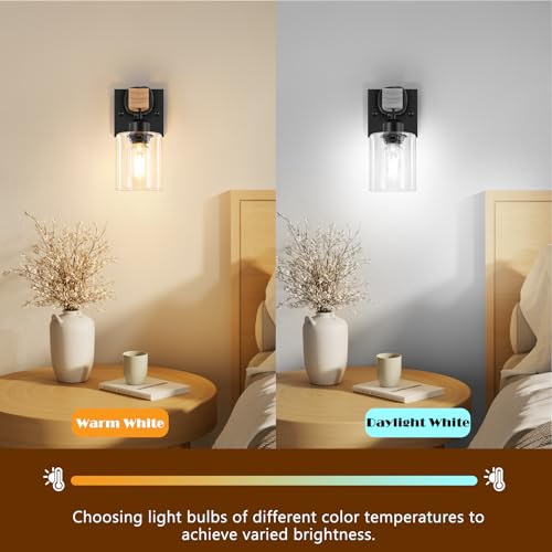 Image of Licperron Farmhouse Wall Sconces 4-Pack, Rustic Wood Vanity Light Fixtures for Bathroom, 1-Light Black Bath Wall Mount Lamp with Clear Glass Shades, Wall Lights for Living Room, Mirror, Cabinet