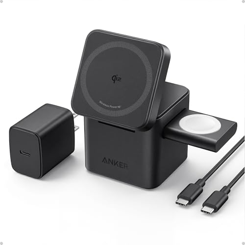 Image of Anker 3-in-1 Cube Wireless Charger, Qi2 MagSafe-Compatible Charging Station, 15W Foldable Fast Charging Stand for iPhone 17 /16, Apple Watch, AirPods (Adapter Included, Non-Battery)