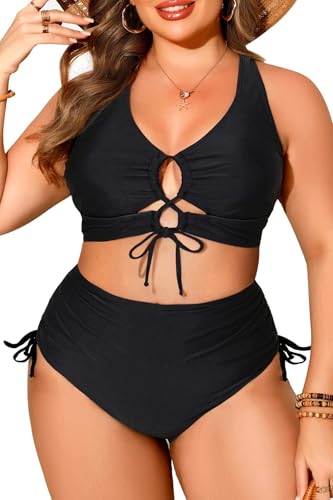 Black Women Plus Size Two Piece Swimsuit - Tummy Control Bikini Sexy Lace Up Bathing Suits Cutout Swimwear 2025 18 Plus