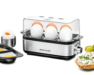 ROMMELSBACHER Eierkocher ER 600 - für 1-6 Eier, einstellbarer Härtegrad, elektronische Kochzeitüberwachung, Heizschale aus Edelstahl, Messbecher mit Eipick, Pochiereinsatz, Kabelaufwicklung, 400 Watt