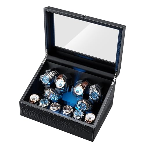 Mcbazel Watch Winder for Automatic Watches 6 Watch Winder + 6 Storage Case Watches Winder Box with Super Quiet Motor Blue LED Light Memory Foam Pillows Gift for Men & Women - Black