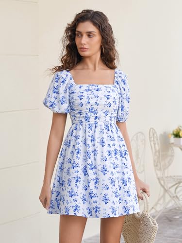 Image of Women Puff Sleeve Graduation Short Dress | Square Neck A Line Casual Sundress Beach Wedding Guest Mini Dress